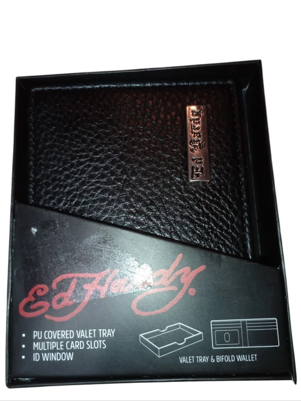 Ed Hardy Black Bifold Wallet with Rose Skull Artwork Gift Box, NWT